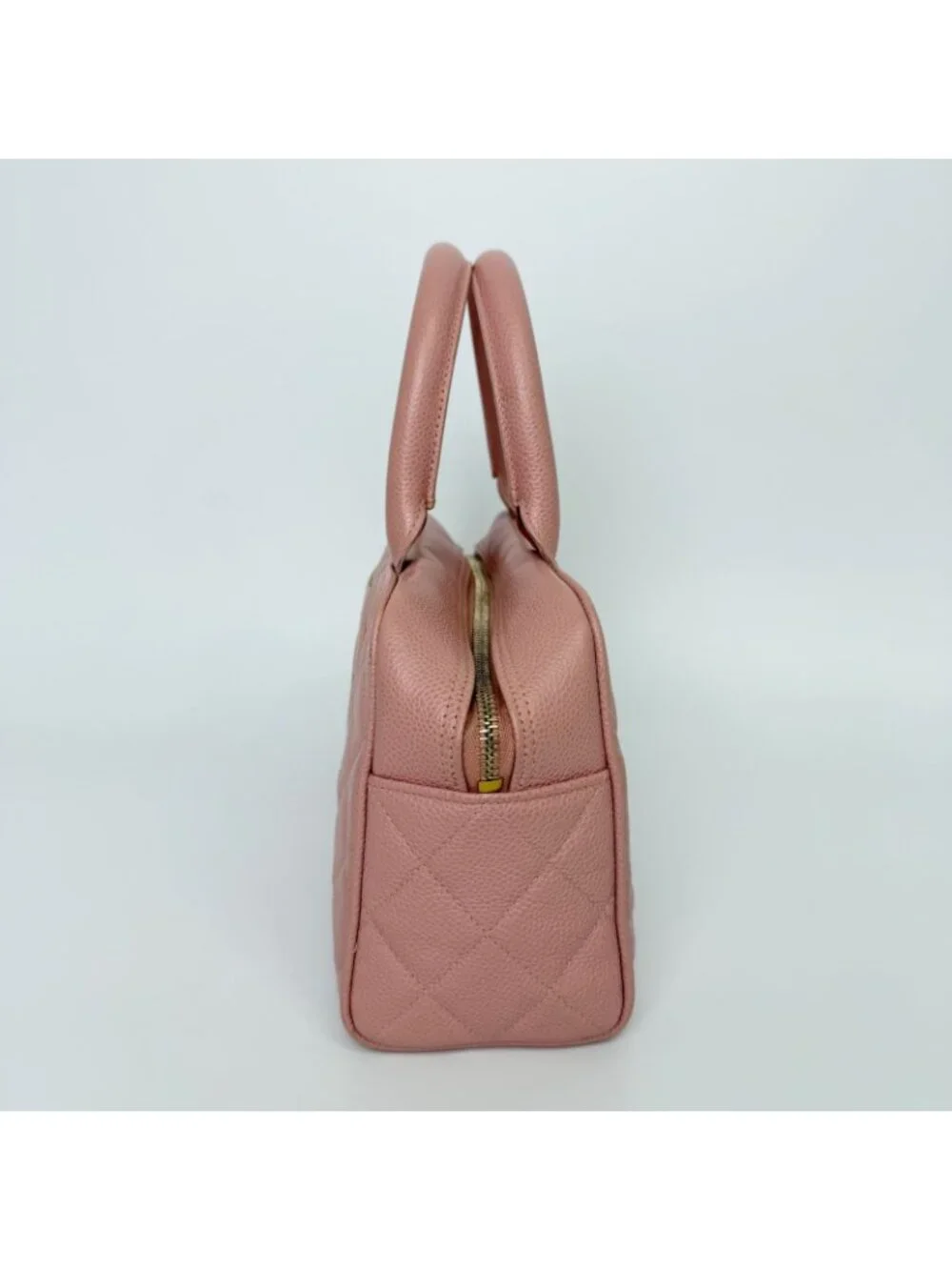 Chanel CC Logo Quilted Mini Boston Bag Caviar Leather Pink Gold Vintage